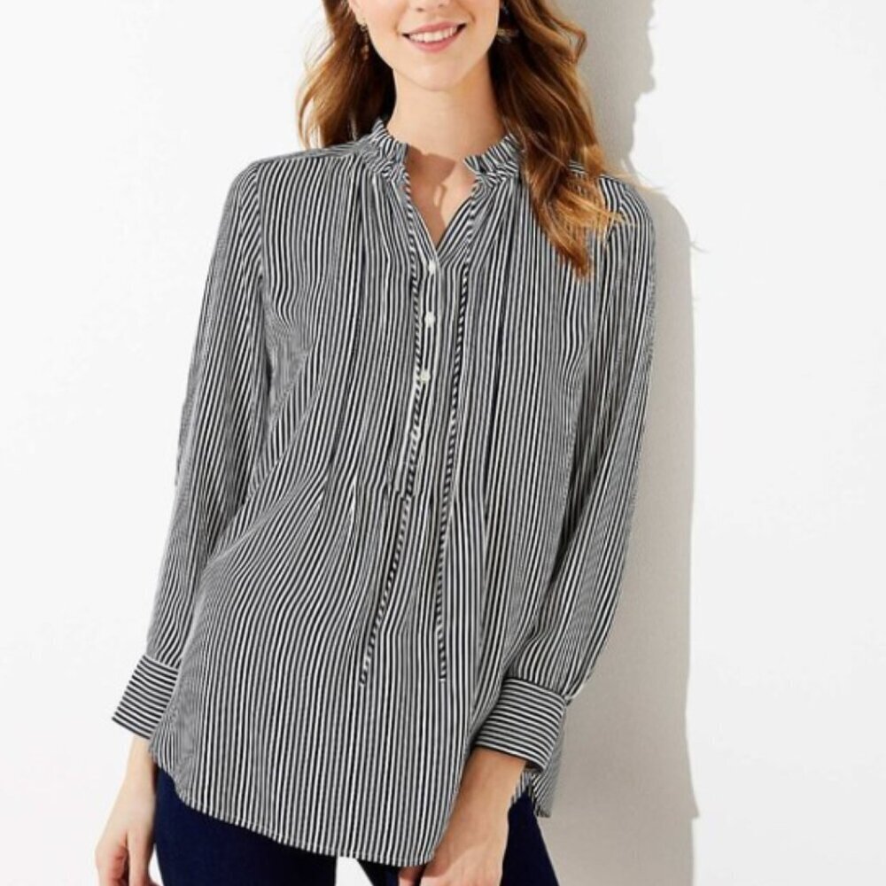 LOFT White & Navy Blue Vertical Striped Long Sleeve Pintuck Tunic Top Sz L NWOT